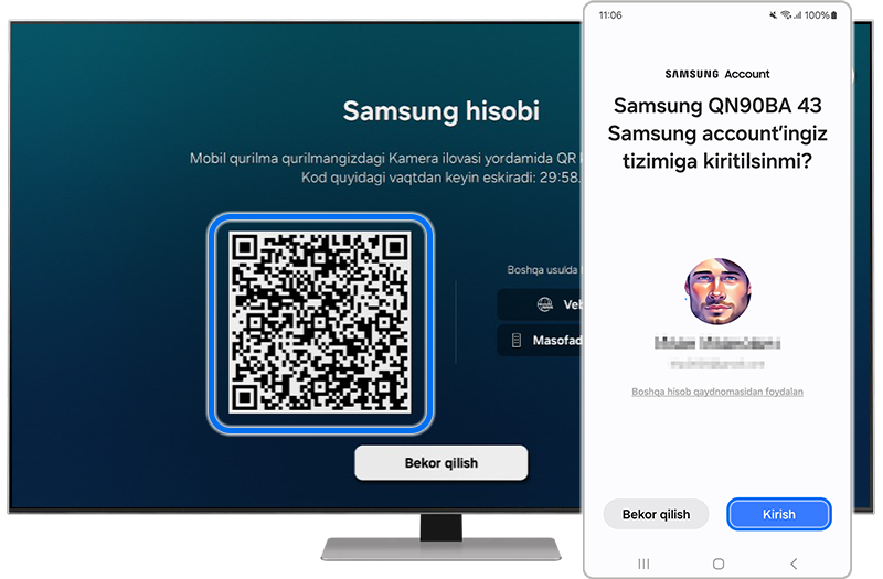 Samsung Smart TV-dagi Samsung hisob qaydnomasi QR kodi, Galaxy telefonidagi bir xil QR kod yonida