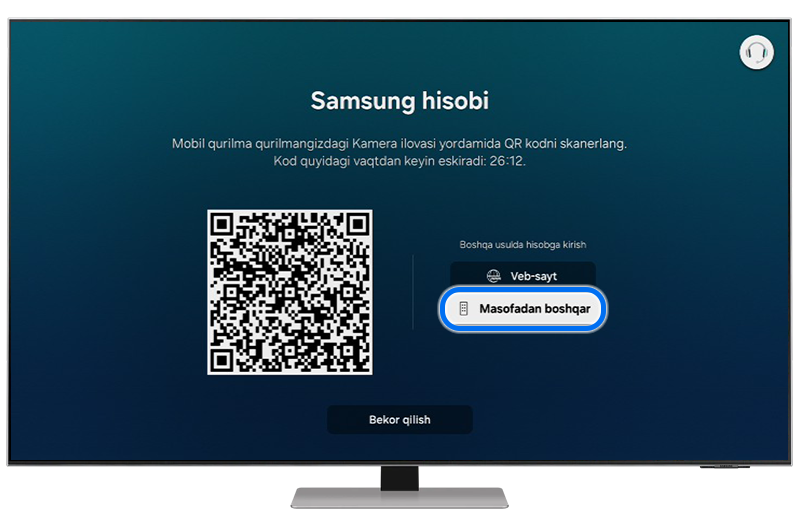 Samsung Smart TV-da Samsung hisob qaydnomasiga kirishning turli xil variantlari ko'rsatiladi