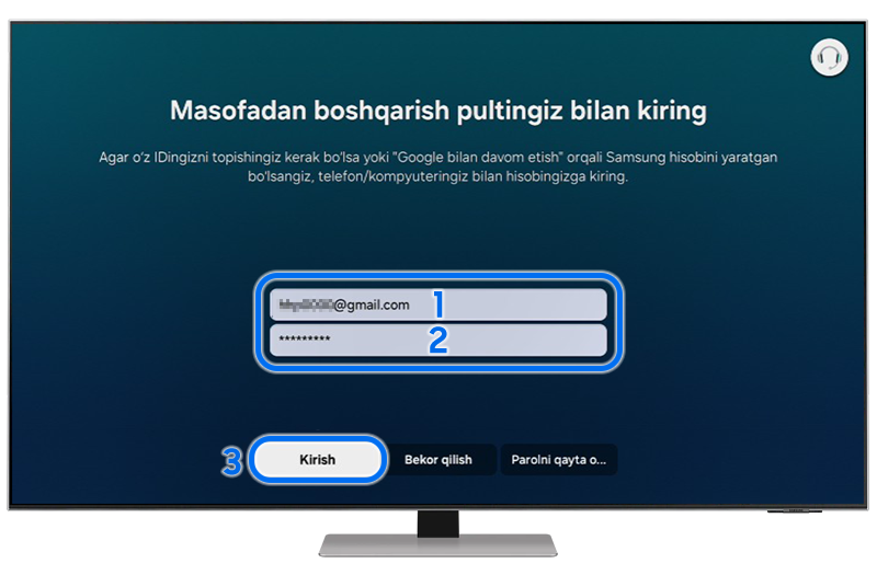 Masofadan boshqarish pulti bilan tizimga kirish Samsung Smart TV-da televizor pultini ushlab turgan qo'l yonida ko'rsatiladi