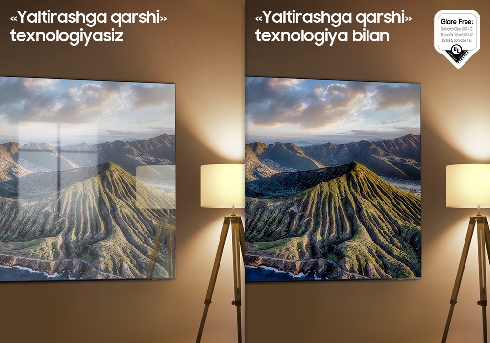 Jilolarga qarshi texnologiyali va texnologiyasiz ekranlarni taqqoslash. Jilolarsiz aks ettirish koeffitsiyenti 10, Noqulaylik darajasi 22, Ko‘rish qobiliyatini yo‘qotish 34 UL logotipi.