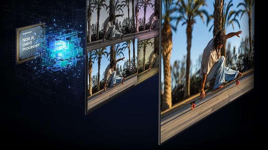 Samsung NQ8 AI Gen3 protsessori ekran qatlamlari ortida joylashgan bo‘lib, tasvir sozlamalarini optimallashtiradi, natijada aniq va yorqin tasvir hosil bo‘ladi.