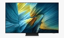 Samsung OLED televizori sariq rangga ega ko‘k mavhum landshaftni ko‘rsatadi.