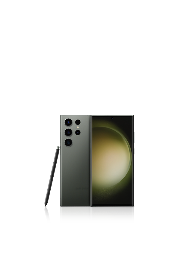 Mặt sau và mặt mũi trước của điện thoại thông minh mưu trí Galaxy S23 Ultra.