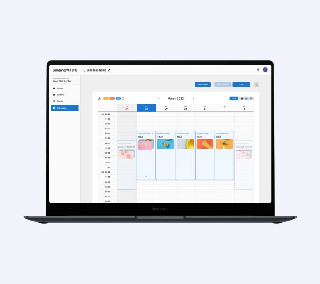 Màn hình giao diện người dùng (GUI) của Samsung VXT khi lập lịch nội dung được hiển thị trên màn hình máy tính xách tay.