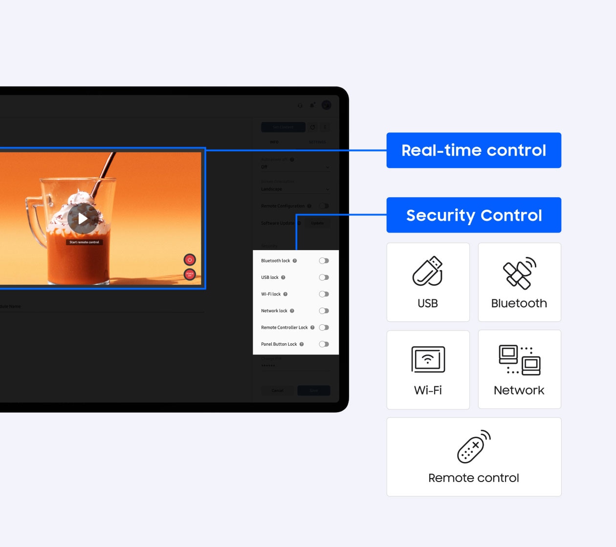 Màn hình vận hành của Samsung VXT hiển thị giám sát theo thời gian thực và cung cấp các tùy chọn kiểm soát bảo mật cho USB, Bluetooth, Wi-Fi, Mạng và Điều khiển từ xa trong thanh menu.