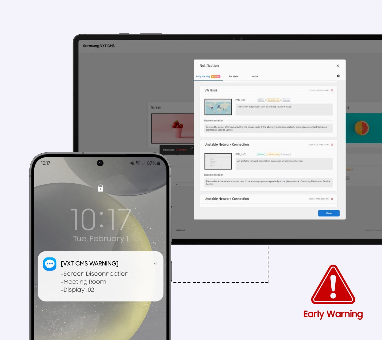 Một thông báo cảnh báo từ Samsung VXT được nhận trên điện thoại, thông báo về tín hiệu Wi-Fi yếu của màn hình. Ở góc dưới bên phải, có dòng chữ 'Cảnh báo Sớm' kèm biểu tượng.