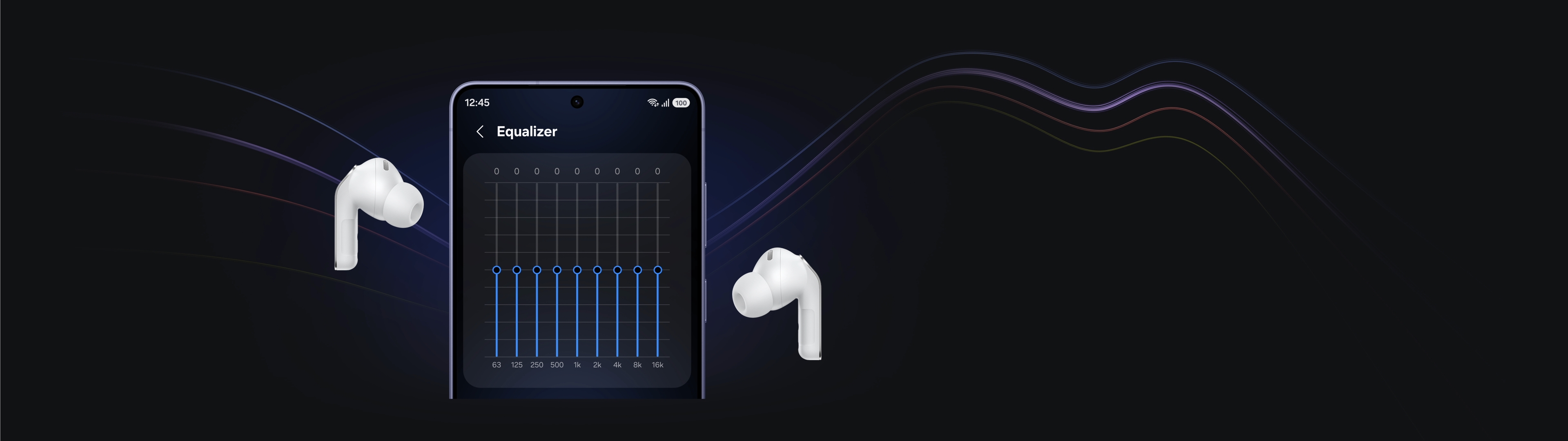 Một chiếc điện thoại Galaxy thông minh với cài đặt “Bộ chỉnh âm” được bật, màn hình hiển thị nhiều nút chuyển đổi xen kẽ với một cặp tai nghe Galaxy Buds4 Pro màu trắng.