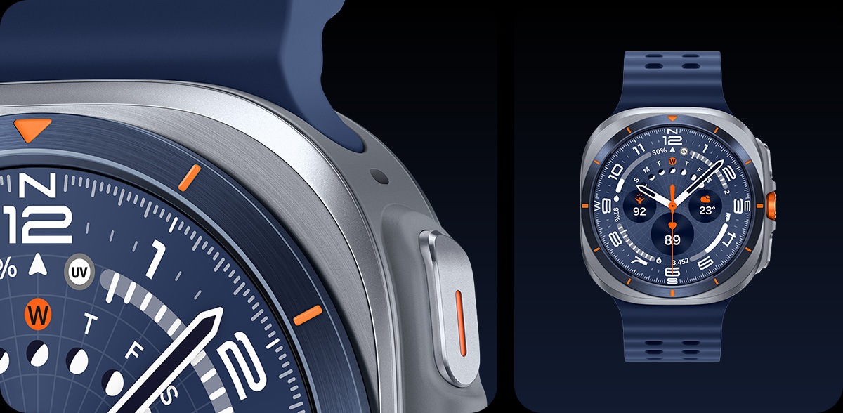 Galaxy Watch Ultra màu Xanh Titan. Hình ảnh cận cảnh một phần của Galaxy Watch Ultra và hình ảnh toàn cảnh mặt trước của Galaxy Watch Ultra.