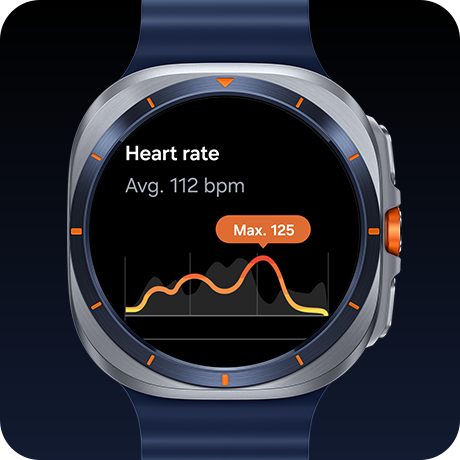 Một chiếc đồng hồ Galaxy Watch Ultra hiển thị màn hình theo dõi nhịp tim với số nhịp đập/phút trung bình và biểu đồ đường nhịp đập/phút với nhịp đập/phút tối đa được hiển thị.