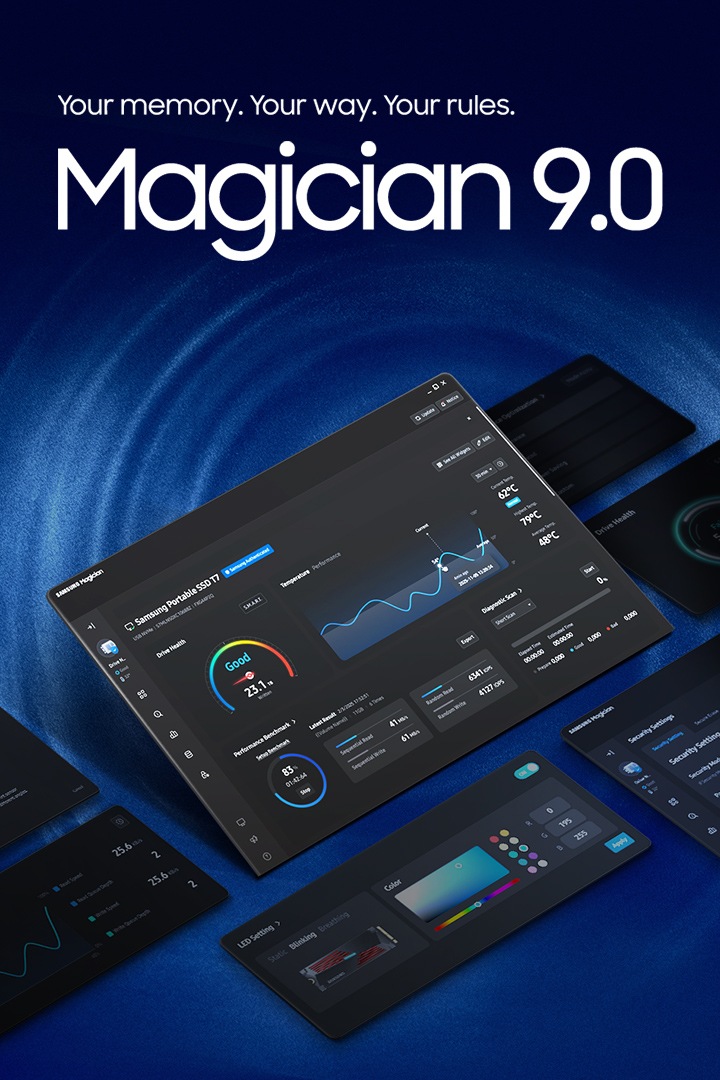 Màn hình hiển thị bảng điều khiển phần mềm Samsung Magician 9.0, và các ô tiện ích Magician 9.0 bao quanh màn hình. Ở góc trên bên trái, dòng chữ ghi: Bộ nhớ của bạn. Theo cách của bạn. Quy tắc của bạn. Magician 9.0.