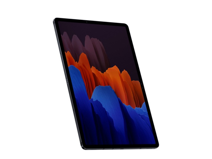 Một cái Galaxy Tab S nom kể từ phía đằng trước, với kiến thiết màu sắc tím, cam và xanh rì domain authority trời bên trên màn hình hiển thị.