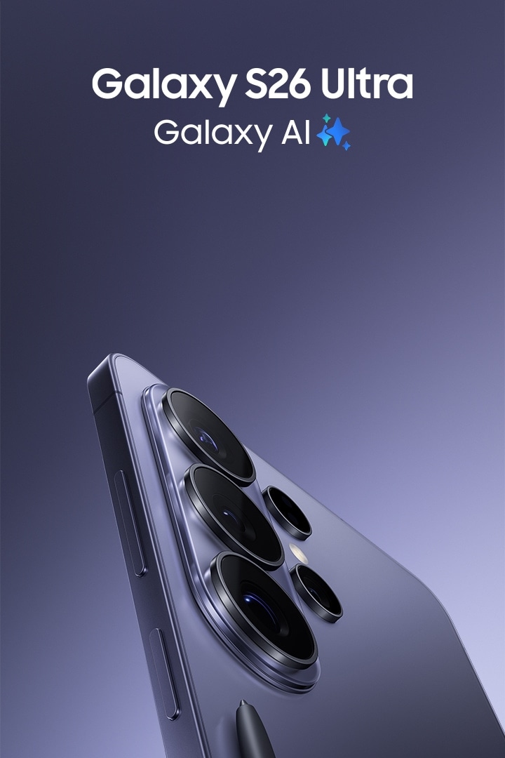 Galaxy S26 Ultra màu Tím Cobalt nhìn từ cạnh bên, xoay chậm đầy cuốn hút và khép lại cận cảnh camera sắc nét. S Pen xuất hiện phía trước, mở ra không gian sáng tạo cùng Galaxy AI.
