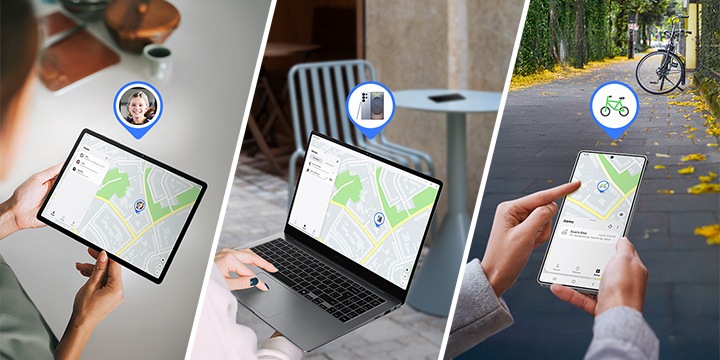 Three scenes illustrate the use of Samsung Find. A pair of hands holds a Galaxy Tab showing a child's location on a map. A woman uses a Galaxy Book displaying the location of a mobile device on a map. Another pair of hands holds a Samsung Galaxy smartphone displaying a bicycle’s SmartTag's location on a map, with a bicycle shown in the background.