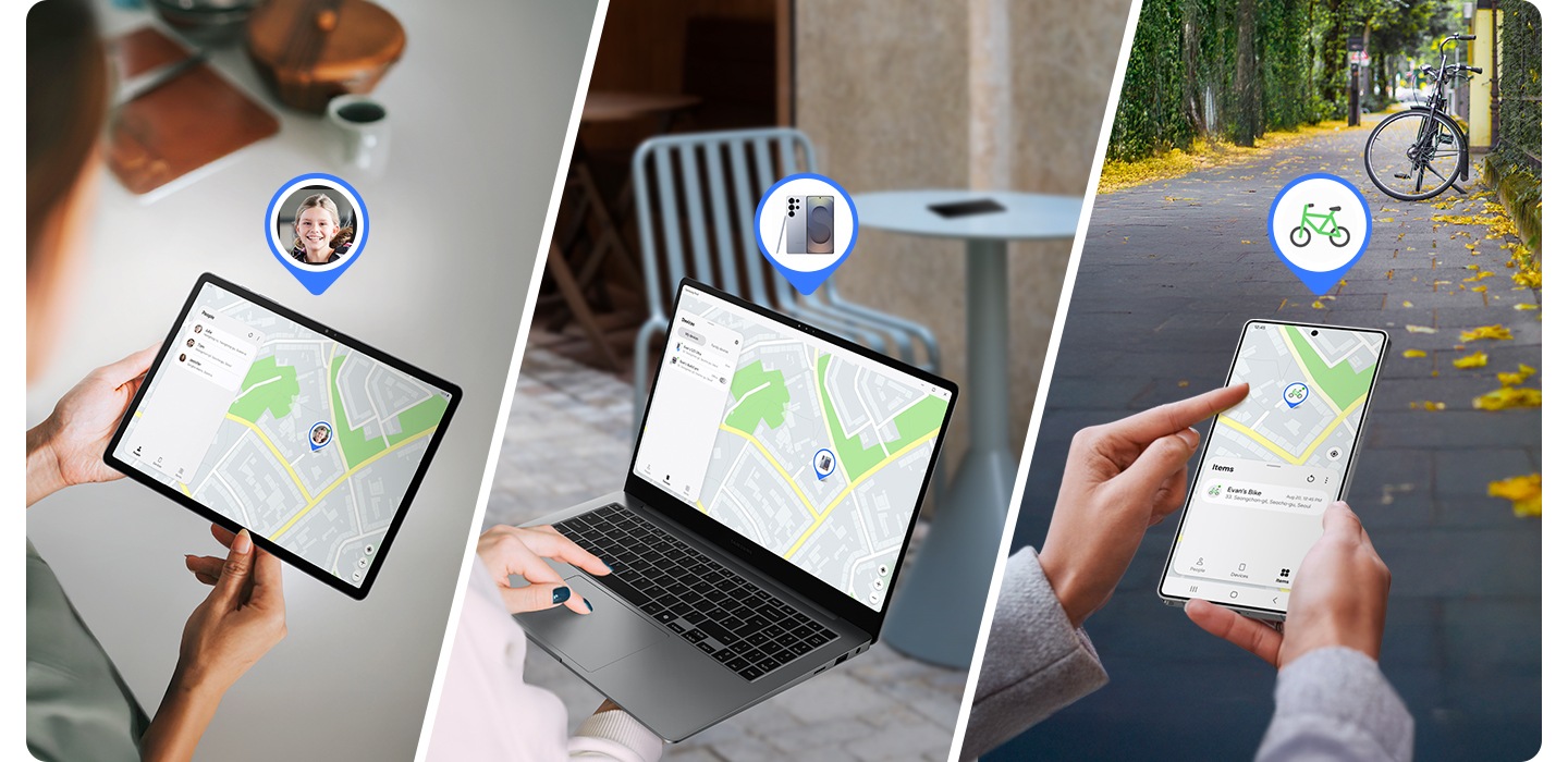 Three scenes illustrate the use of Samsung Find. A pair of hands holds a Galaxy Tab showing a child's location on a map. A woman uses a Galaxy Book displaying the location of a mobile device on a map. Another pair of hands holds a Samsung Galaxy smartphone displaying a bicycle’s SmartTag's location on a map, with a bicycle shown in the background.
