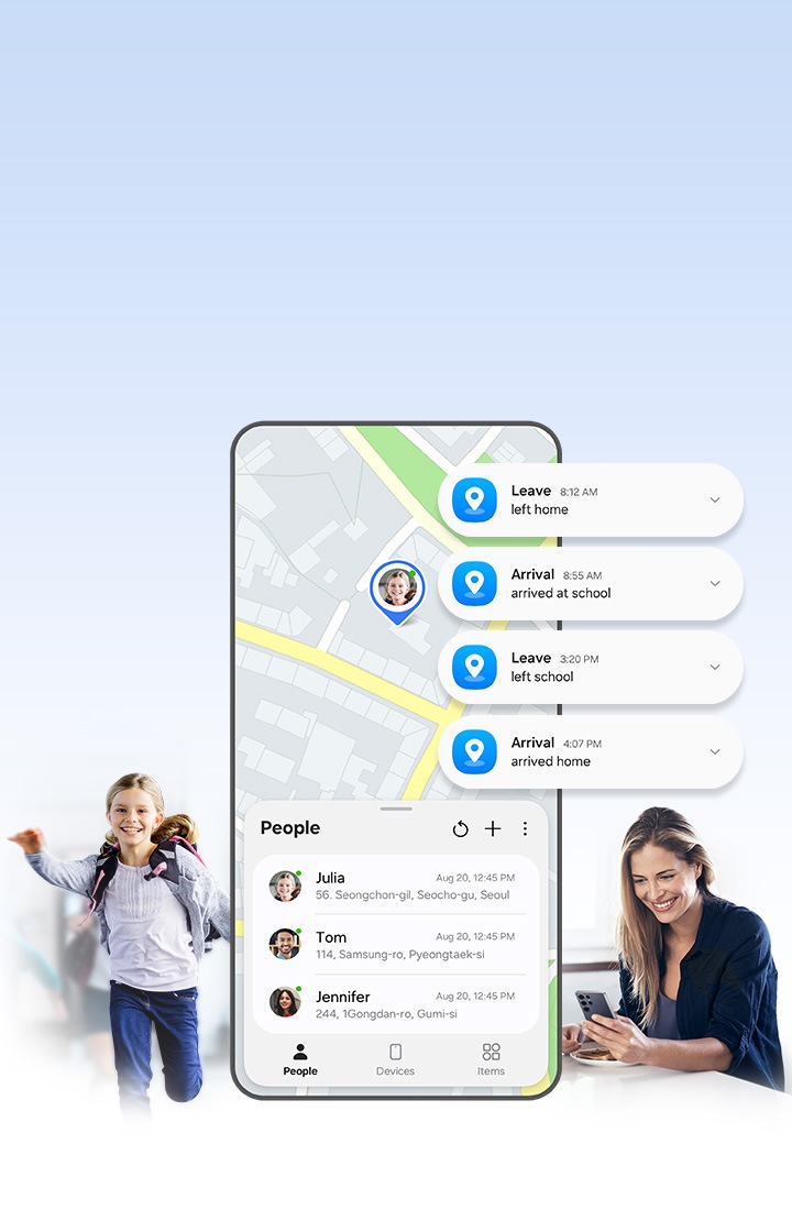 On the left, a child is shown, and on the right, a woman is looking at a phone. In the center, a Galaxy smartphone screen displays the child's location on the map within the Samsung Find's People tab. Notifications about the child's location are shown on the side, indicating when the child leaves home, arrives at school, leaves school and arrives at home.