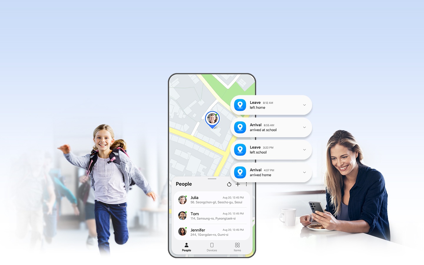 On the left, a child is shown, and on the right, a woman is looking at a phone. In the center, a Galaxy smartphone screen displays the child's location on the map within the Samsung Find's People tab. Notifications about the child's location are shown on the side, indicating when the child leaves home, arrives at school, leaves school and arrives at home.