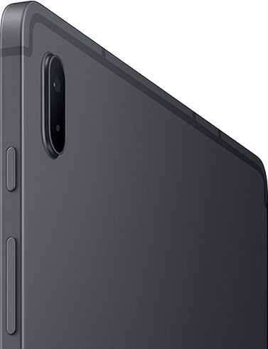Máy tính bảng Galaxy Tab S7 FE với mặt sau ở một góc nghiêng để cho thấy các màu: Black phong cách 