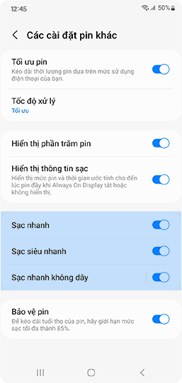 Xem loại sạc trong cài đặt pin