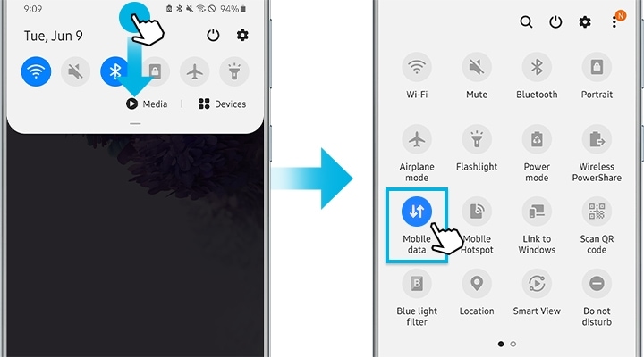 quick panel to turn on mobile data