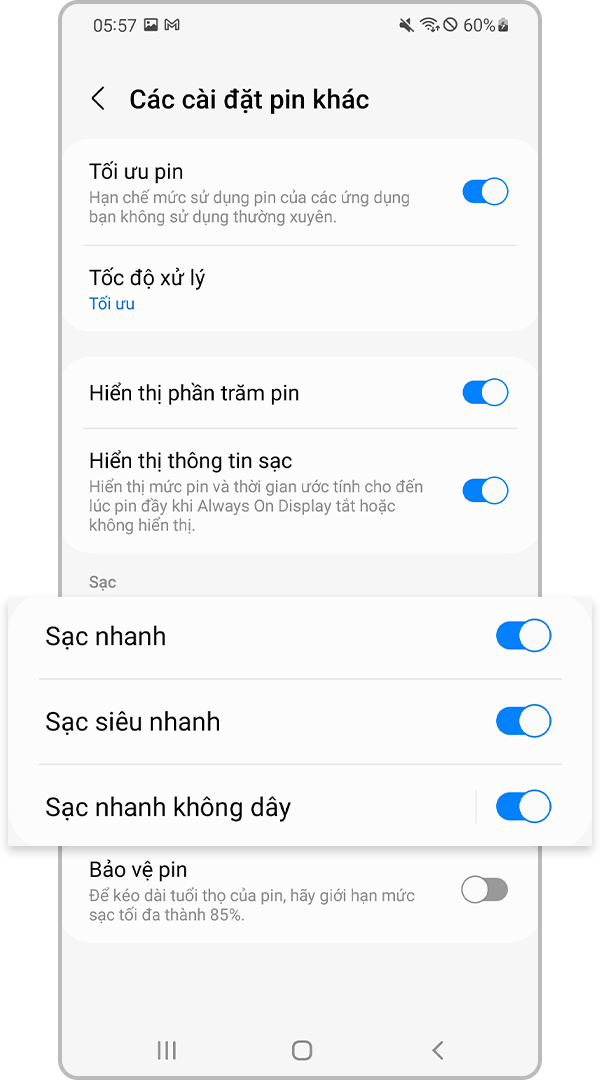 bật cài đặt sạc nhanh 