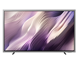 A Samsung OLED S95H TV displays white abstract landscape tinged in purple on screen.