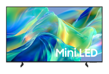 Tivi Samsung Mini LED M70H hiển thị thiết kế trừu tượng màu xanh lam, đỏ và cam trên màn hình.