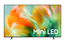 A Samsung Mini LED M80H TV displays orange and green abstract design on screen.
