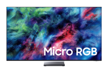 A Samsung Micro RGB R95H TV displays colorful, abstract landscape on screen.