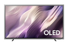 A Samsung OLED S95H TV displays white abstract landscape tinged in purple on screen.