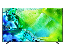 A Samsung The Frame Pro LS03HW TV displays abstract artwork in blue and white tones on screen.