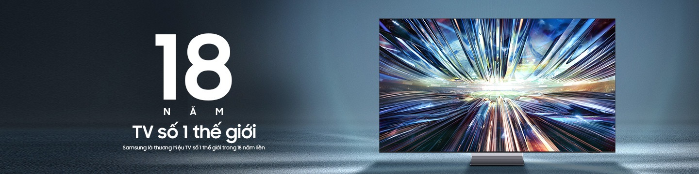 TV Samsung nổi bật với thiết kế kim loại sáng loáng. Logo thể hiện Samsung là thương hiệu TV số 1 trong 18 năm.