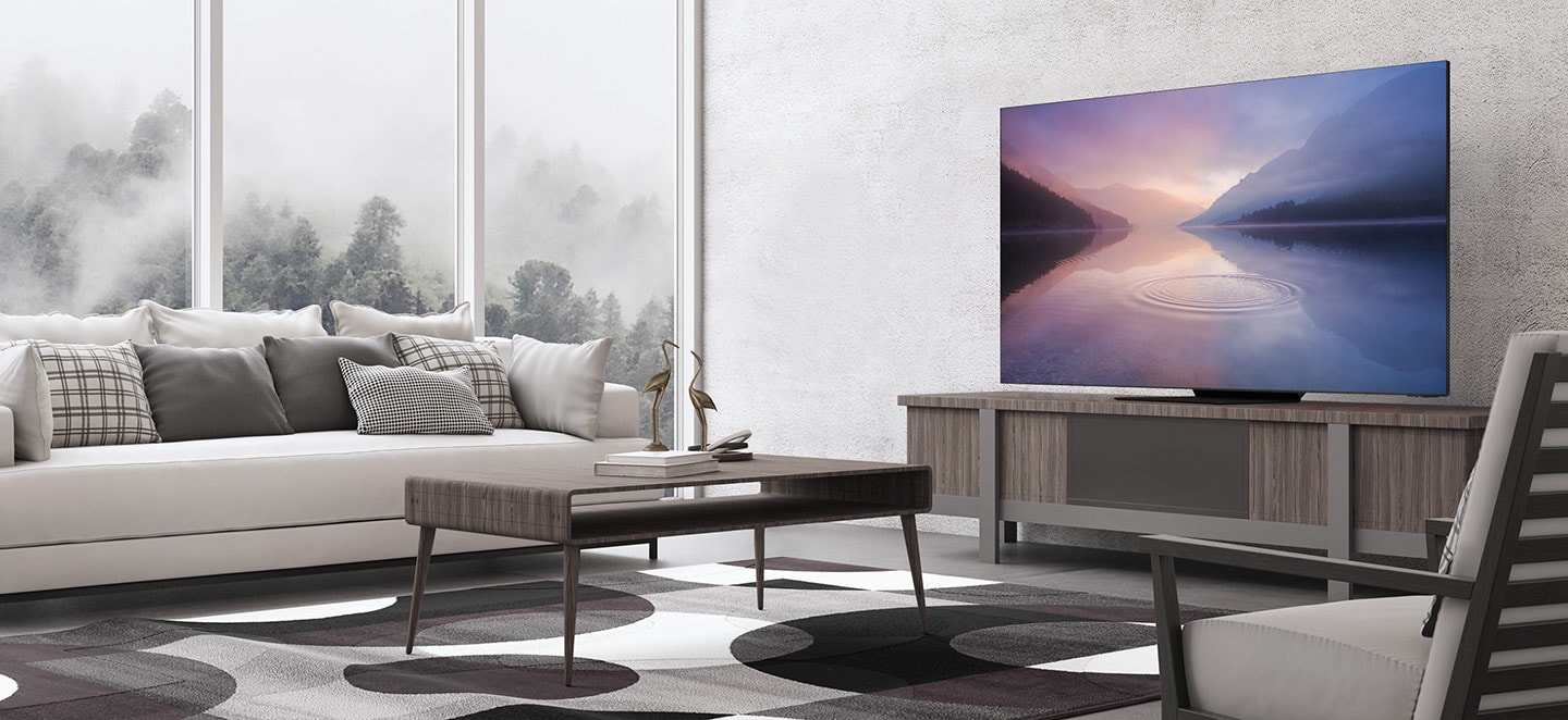 TV Samsung Neo QLED mới nhất hiển thị thiên nhiên trên màn hình được đặt trong phòng khách.