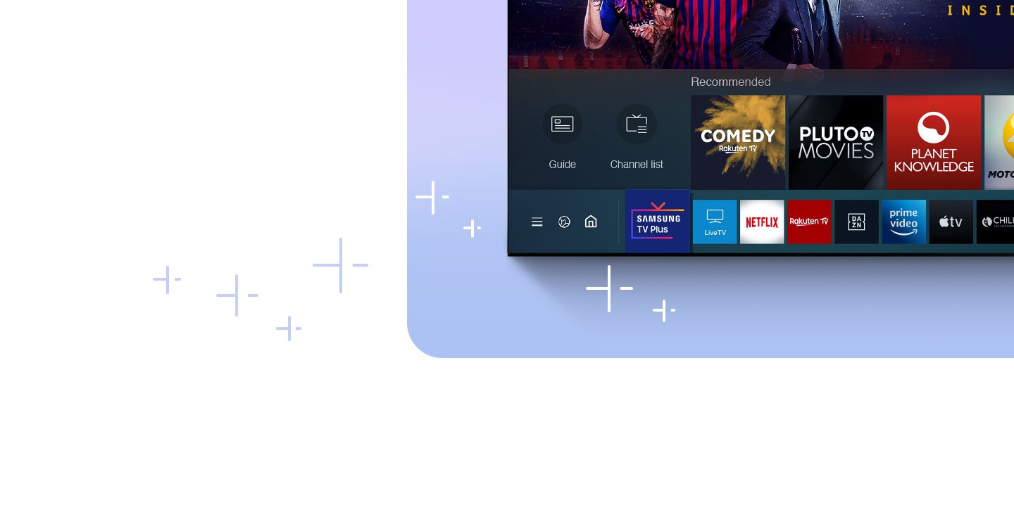 The list of recommended content from Samsung TV Plus that's available without subscription fees as well as other apps are shown on Samsung smart tv.