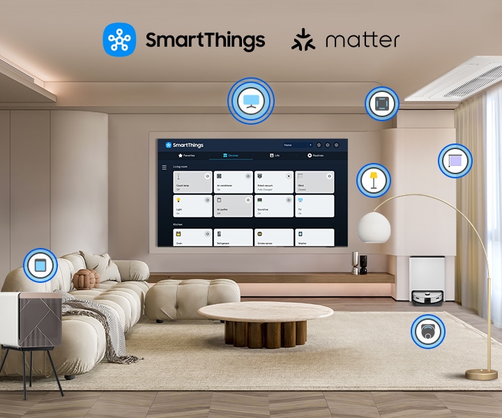 Một chiếc TV thông minh Samsung được lắp trên tường phòng khách, đi kèm với  logo ứng dụng SmartThings và Matter. Chiếc TV hiển thị màn hình chính của  SmartThings. Các biểu tượng xuất hiện xung quanh ...