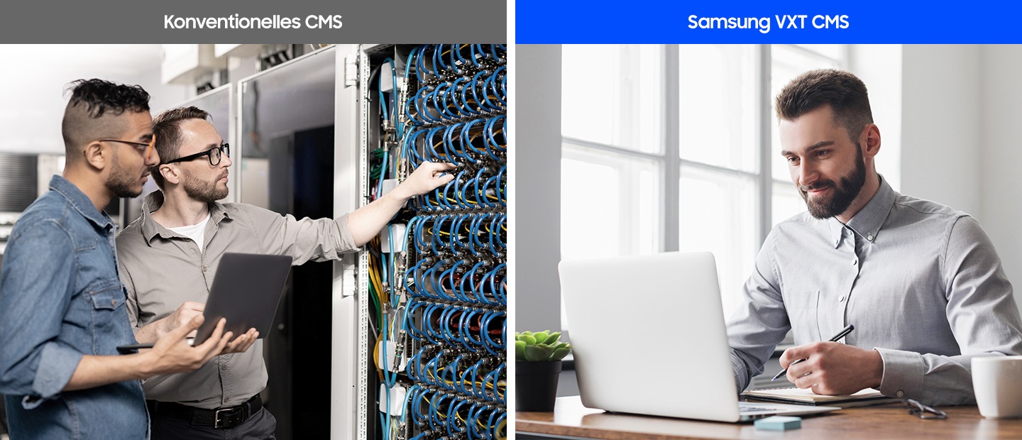 Bei einer On-Premise Lösung von Samsung wird der Server von zwei Mitarbeiter:innen direkt verwaltet, während Samsung VXT CMS von einer Person mit einem Laptop von zuhause aus verwaltet wird