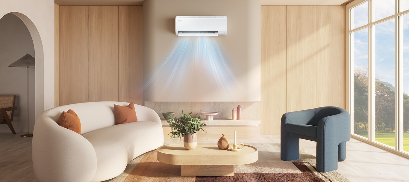 Cool air flows from a Samsung air conditioner mounted on the wall of a bright, modern living room with a white sofa, blue chair, and wooden coffee table. The scene shifts to a dark blue office, where a gentle breeze comes from the air conditioner. Next, the air conditioner is installed in a child's bedroom with light green accent. In the final scene, the air conditioner is mounted above a tufted headboard in a cozy bedroom.