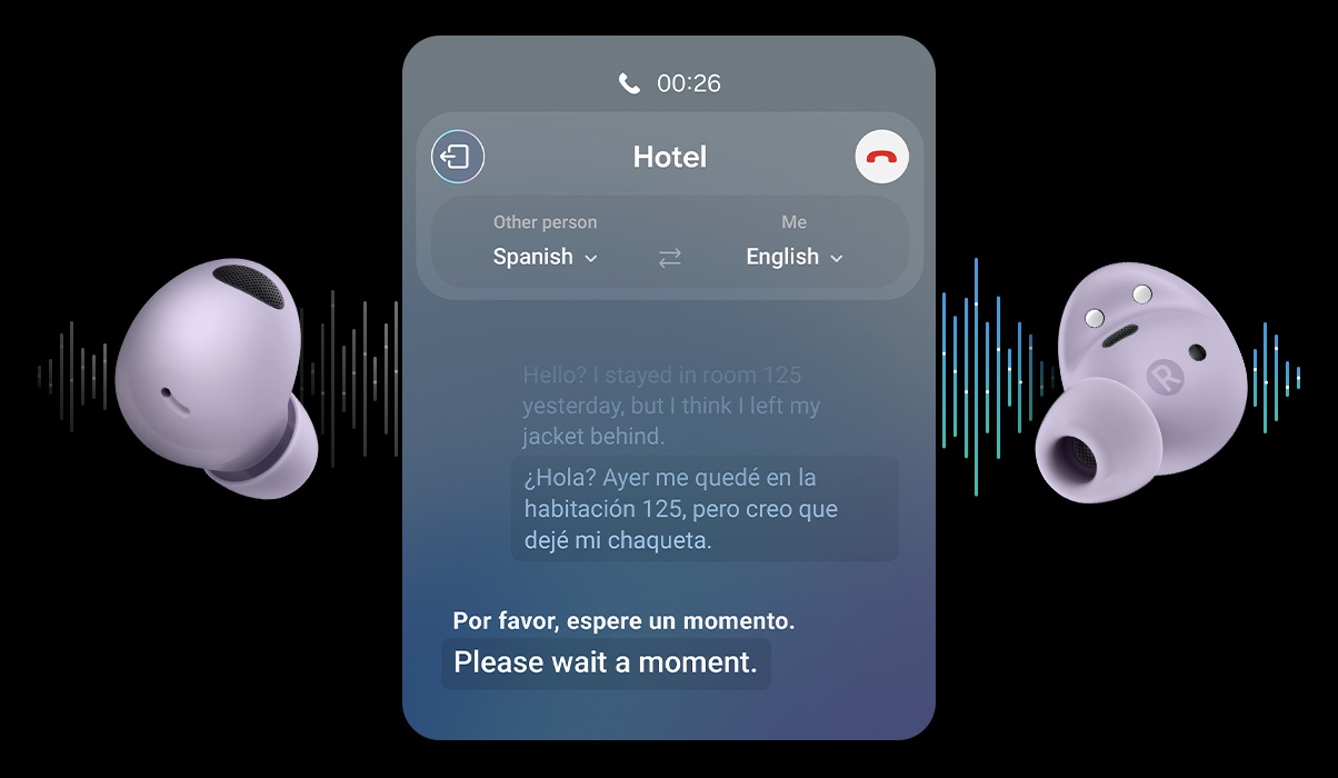 Earbuds of Galaxy Buds2 Pro in Bora Purple can be seen. Between the earbuds is GUI of Live Translate. In the background are sound waves that indicate Live Translation.