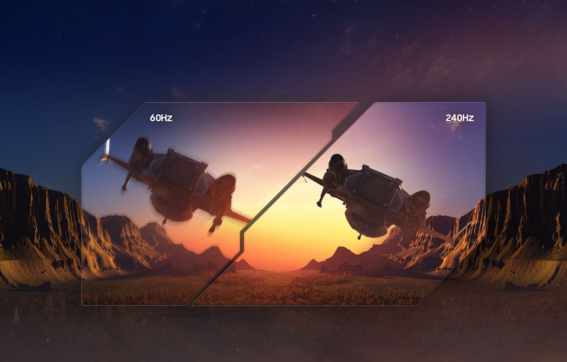 Two spaceships fly away towards a sunset side-by-side inside the valley of a canyon on a desert planet. The spaceship on the left appears blurry and has the words “60Hz” above it. The spaceship on the right appears smooth and shows the words “240Hz” above.