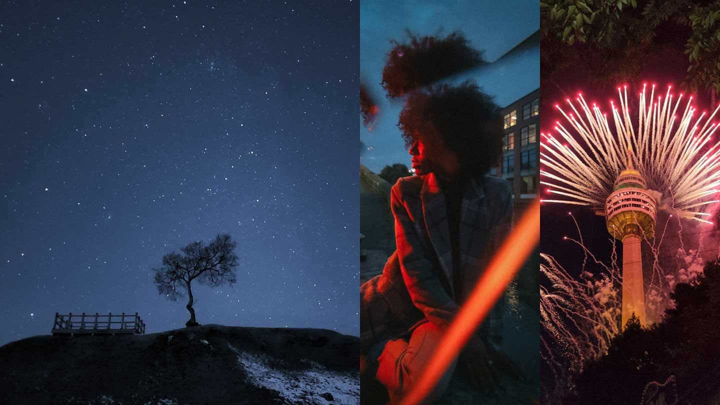 Collage of a tree at night, a woman at blue hour, and pink fireworks around a skyscraper at night.