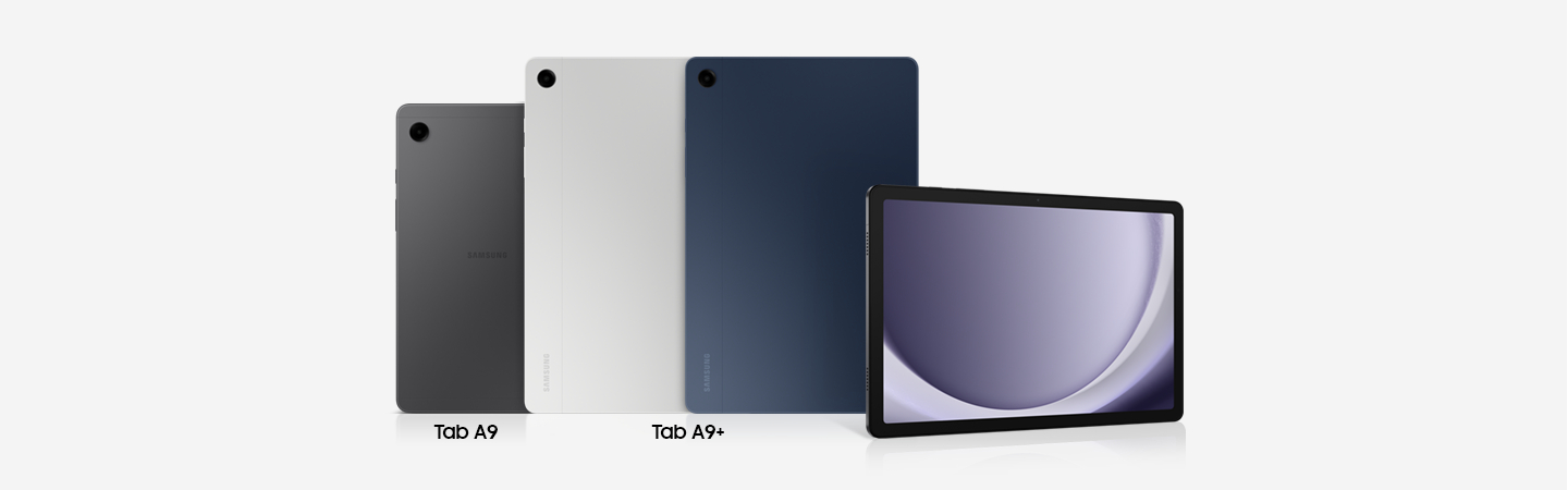 Galaxy Tab A9 in Graphite, Tab A9+ in Silver and Navy are lined up with their back facing forward. Galaxy Tab A9+ in Graphite is at the very right with its front facing forward and a purple wallpaper onscreen.