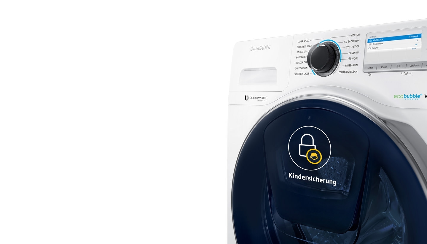 Perspektivische Darstellung einer AddWash-Waschmaschine Das Kindersicherungssymbol erscheint auf der Tür, und die Einstellung für die Kindersicherung wird auf dem Bedienfeld angezeigt.