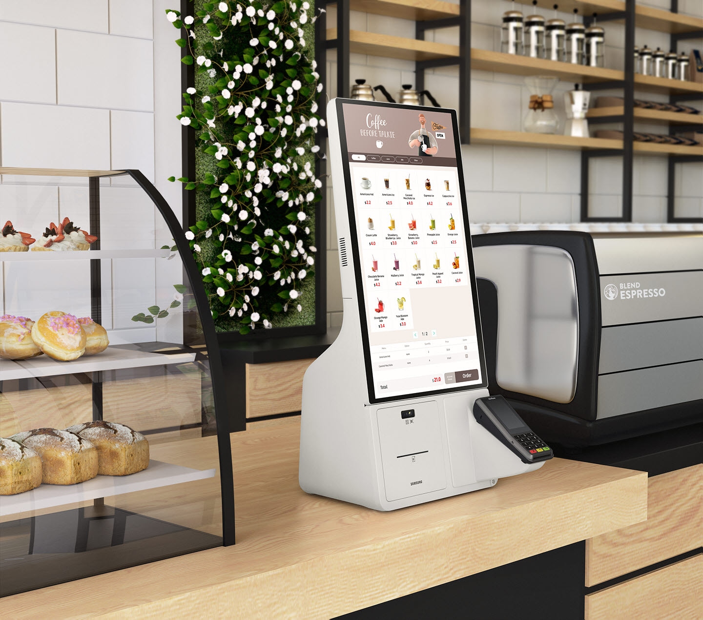 The Samsung Kiosk operating on a cafe countertop.