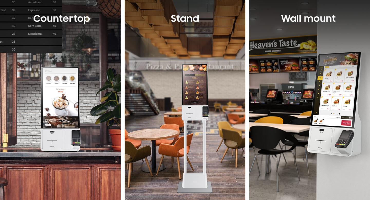 Samsung Kiosk devices on a countertop in a cafe, on a stand in a restaurant and wall-mounted in a fast food outlet.