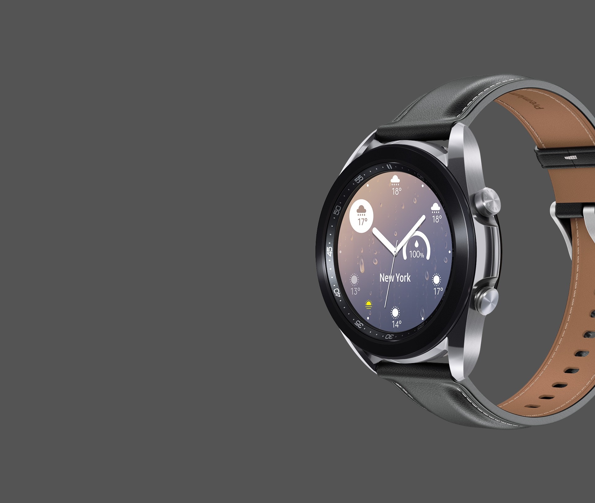 41mm Galaxy Watch3 in Mystic Silver with an Analog Modular Watch Face seen from an angle