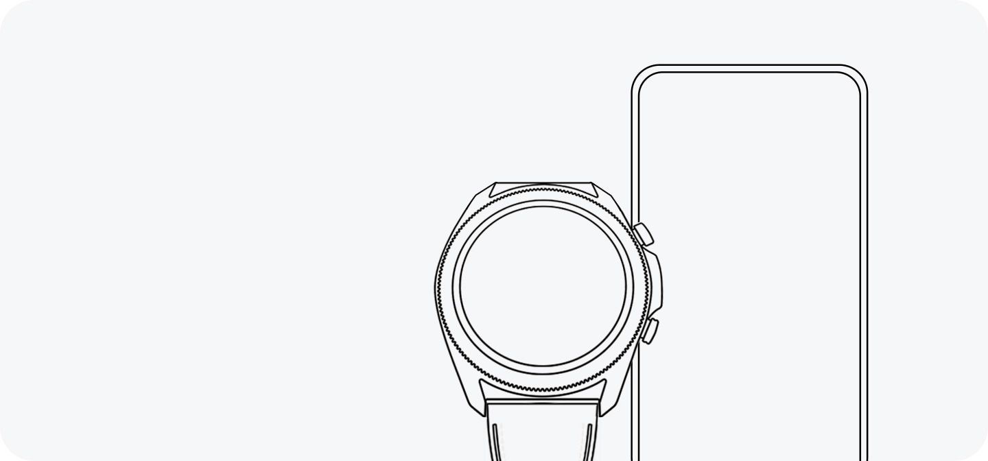 A line drawing showing a front-facing Galaxy Watch3 next to a smartphone, demonstrating its compatibility with different devices.