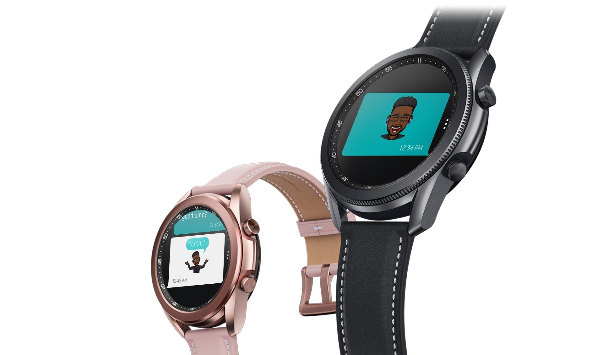 Angled view of 45mm Galaxy Watch3 in Mystic Black and 41mm Galaxy Watch3 in Mystic Bronze. The two show the sending and receiving of Bitmoji emojis through the Message app.