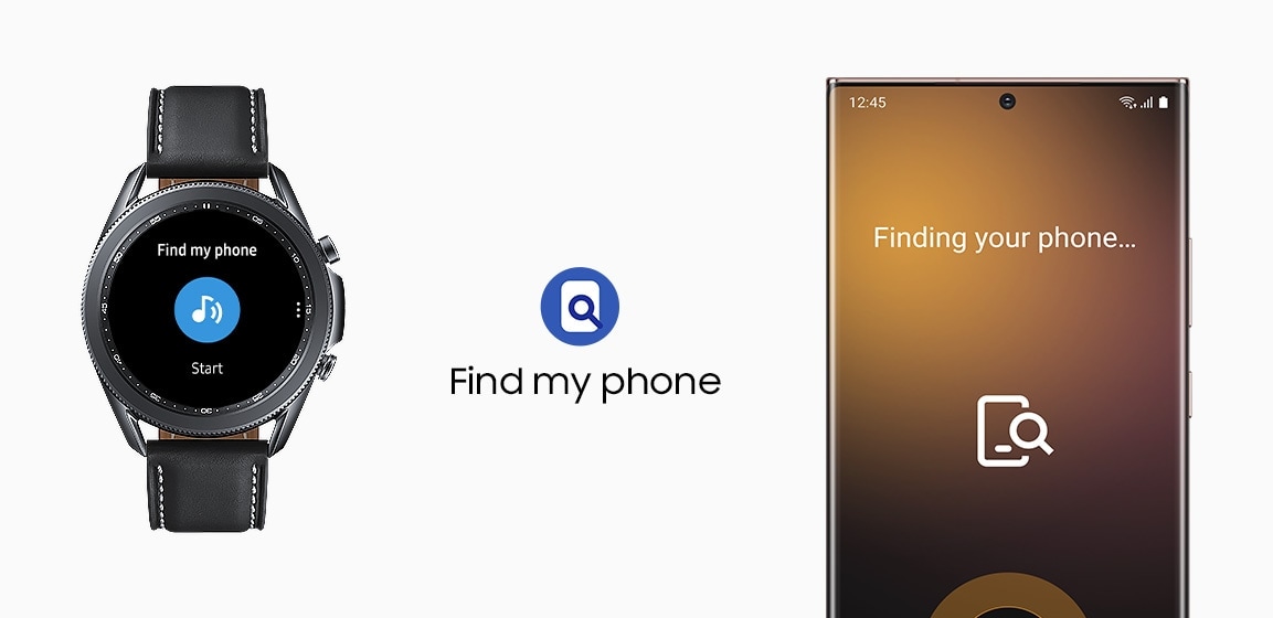 45mm Galaxy Watch3 in Mystic Black is connected to a Galaxy smartphone showing Find my phone GUI.