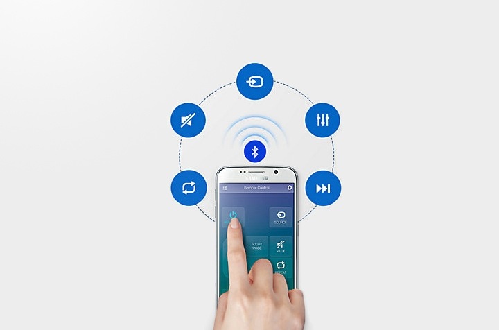 Soundbar Samsung K360 130W  ilustrando o aplicativo Samsung Audio Remote que funciona via Bluetooth