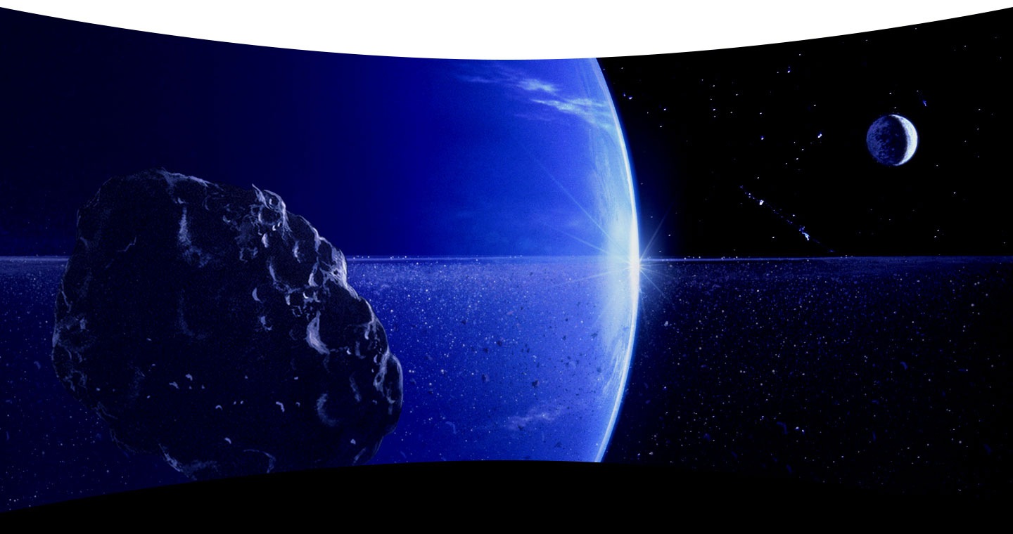 Imagem do espaço e um faixo de luz dramátco na ponta de um planeta mostrando o amplo campo de vista de 101º do Gear VR através de suas lentes grandes.
