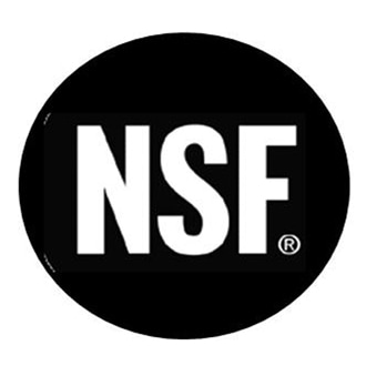 Selo redondo preto com a escrita 'NSF'